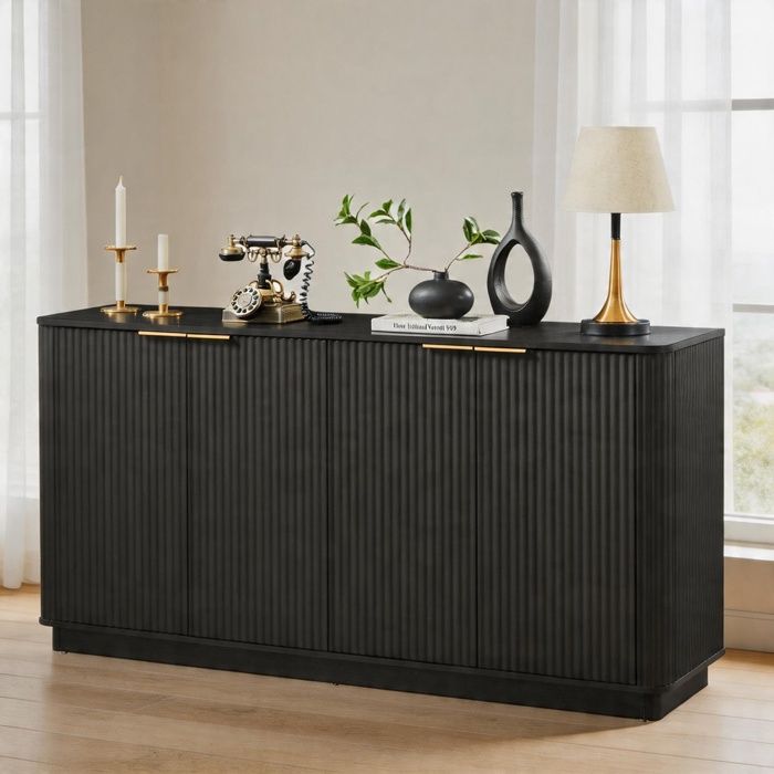 Buffet / Meuble bas TV - W3465P430710 - 160×40×80 cm - Noir aspect bois - Surface résistante eau & rayures