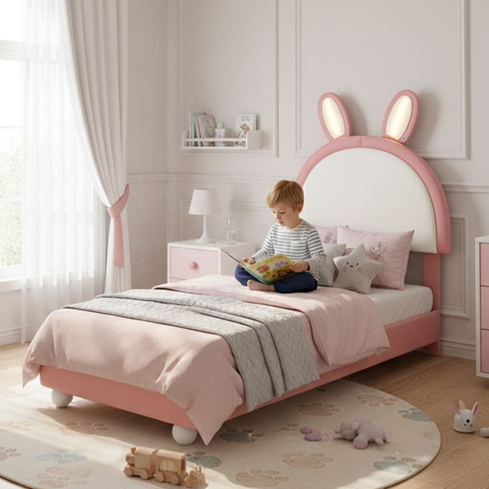 Lit enfant rembourré - Tête de lit en forme de lapin - Bande lumineuse LED intégrée - Bord en mousse anti-collision