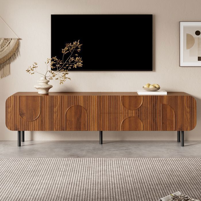 Meuble TV de style médiéval 180cm avec 3 portes en 2 tiroirs rainures verticales pieds métal Bois Marron