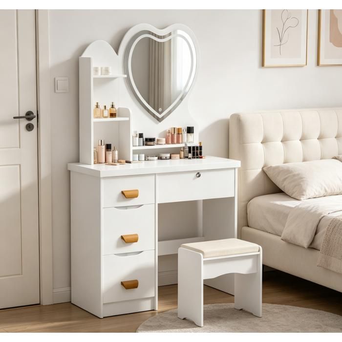 Coiffeuse avec miroir et tabouret éclairage LED réglable à trois couleurs 4 Tiroirs 4 Étagères Miroir d’amour 80 x 40 x 135 cm