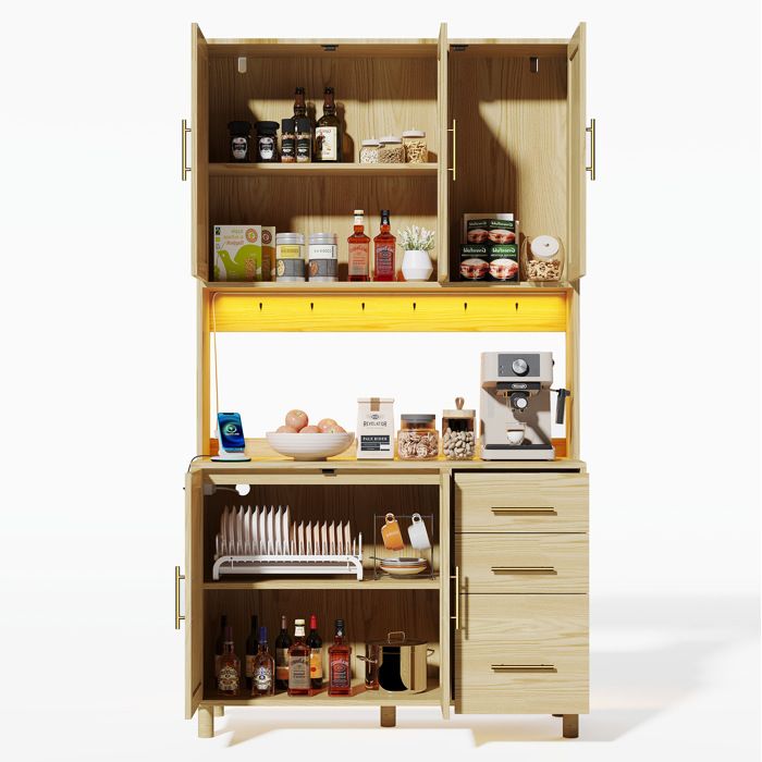 Buffet de cuisine armoire LED avec prises USB 3 tiroirs et étagères réglables MDF coloris naturel 183 cm