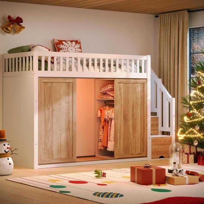 Lit superposé - KOMHTOM - 90x200 cm - Rangement placard & escalier - LED couleur - Blanc chêne