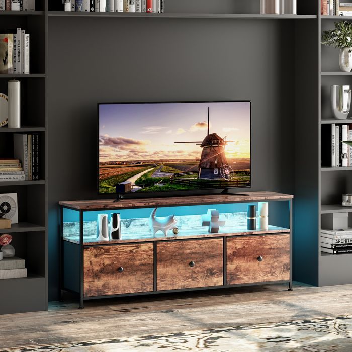 Meuble TV Bas Moderne avec LED Meuble Télé 108cm avec 3 tiroirs et 2 étagères Armoire Télévision pour salon entrée 108x30x57cm