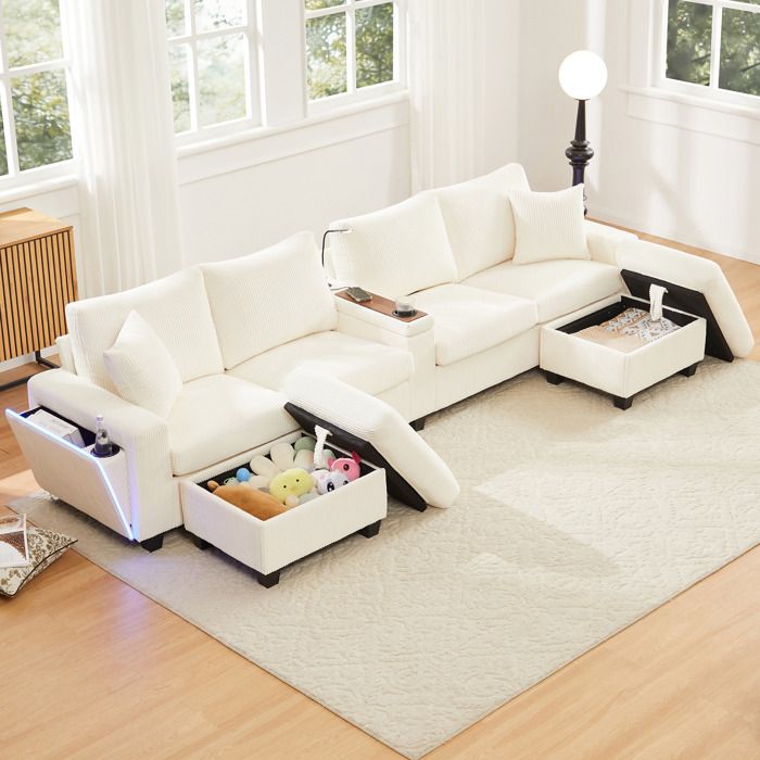 Canapé modulable en U beige en velours côtelé 334 x 128 5 x 81 cm avec 2 poufs LED USB Type-C et lampe