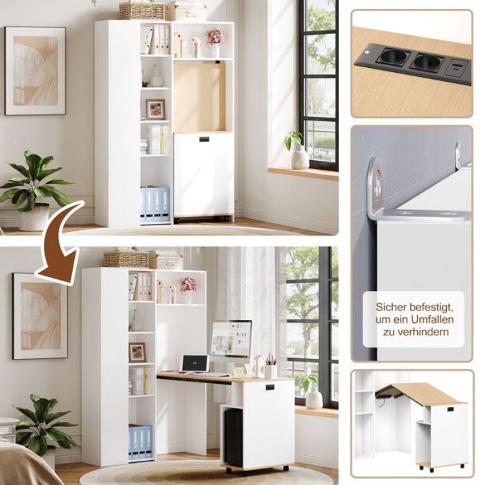 Table bureau compact pliable dangle 1045x305x160cm blanc USB bibliothèque et étagères modulables Bureau d’angle