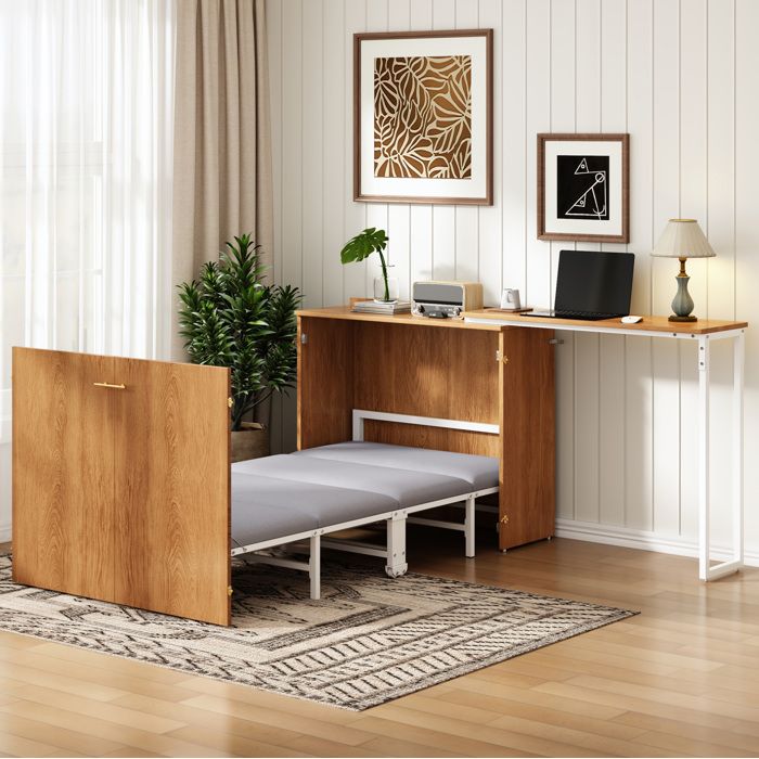 WOVREO Lit escamotable 90 x 200 cm avec bureau pivotant matelas inclus métal et bois blanc et bois naturel