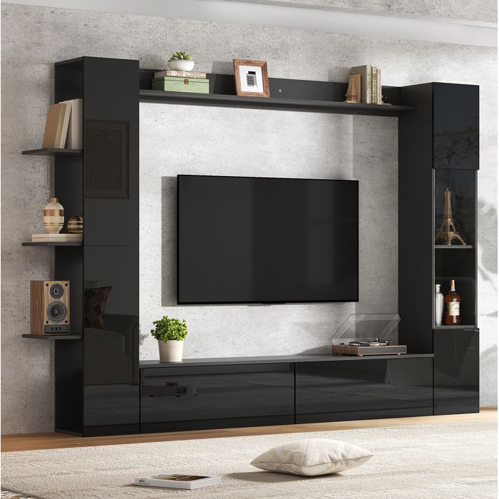WOVREO Meuble TV mural complet 245 x 30 x 170 cm avec rangements MDF noir brillant