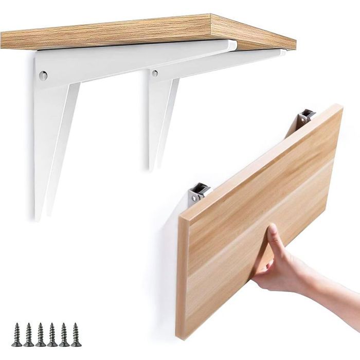 2pcs Support Mural Pliant Équerre Étagère Supports détagère Équerre Repliable Rabattable en Métal Support Garage Blanc 8/200 mm