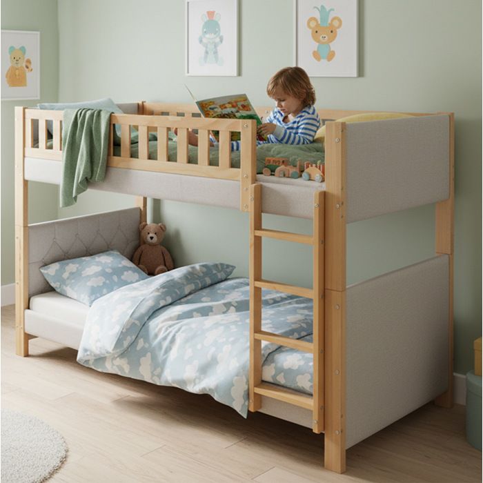 Lit superposé enfant 90 x 200 cm gris et naturel avec échelle droite 4 marches barrières de sécurité et lattes