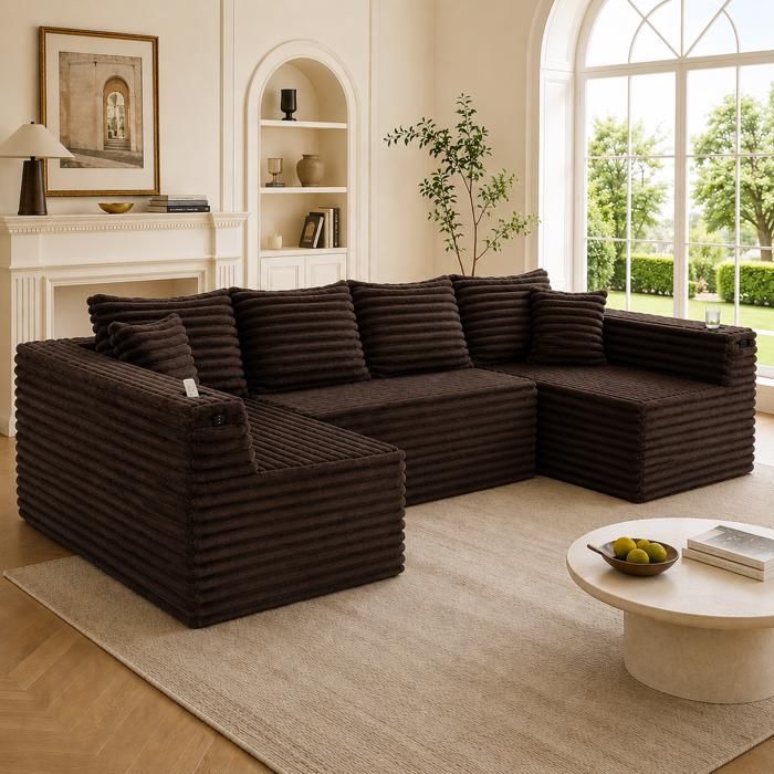 Canapé panoramique en U - SOGEU - W2845S00436 - Velours côtelé - 320 x 155 x 88 cm - Poches latérales & porte-gobelets