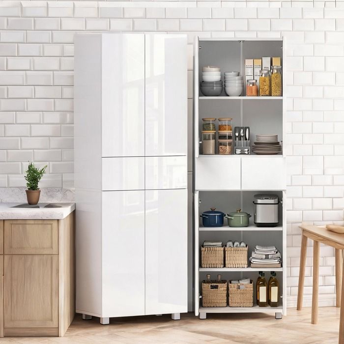 Buffet de cuisine moderne blanc laqué 4 portes avec étagères réglables 60x35x170 cm