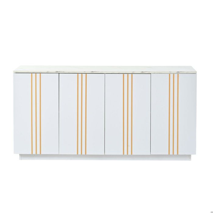 Buffet bas - Bahut 4 portes blanc et or - meuble de rangement 140 x 35 x 70 cm