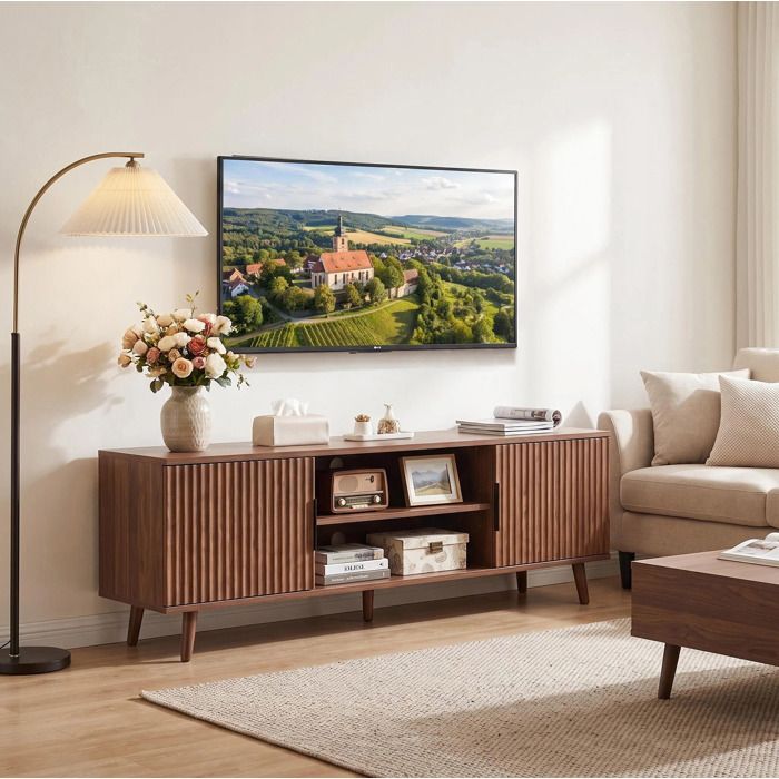 Meuble TV EVRYAE 138 cm coloris noyer 2 portes étagère ouverte et passe-câbles style Mid-Century MDF