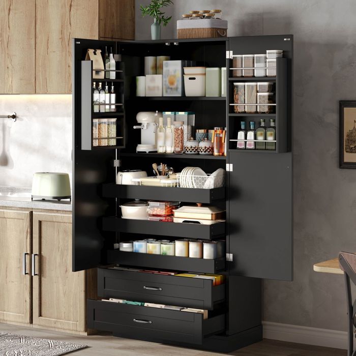 Meuble haut de cuisine - WESTYLE - 80x375x180 cm - 3 plateaux coulissants - 2 tiroirs - Porte double avec étagères