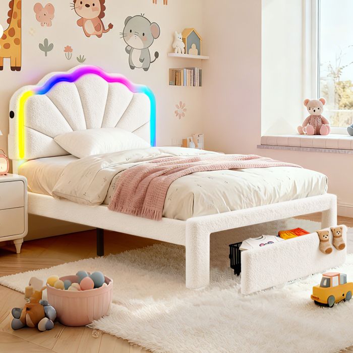 Lit 90×200 cm avec lumière LED tête de lit réglable Interface de Chargement tiroir de Rangement et Lattes Velours Teddy Blanc