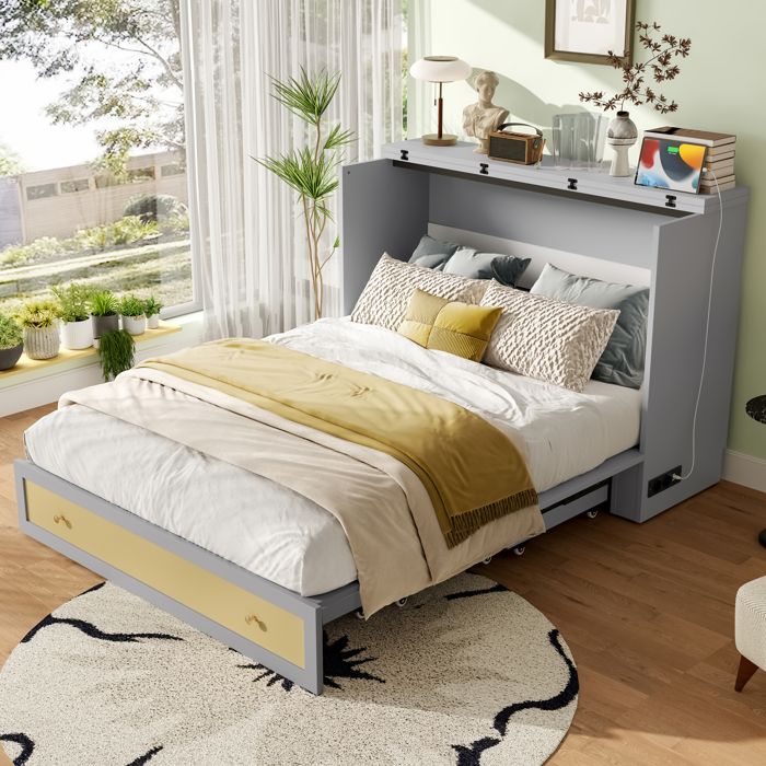 Lit escamotable - ZEVKOR - Double 140×200 cm - Tiroir de rangement - USB et prise - Sommier à lattes inclus