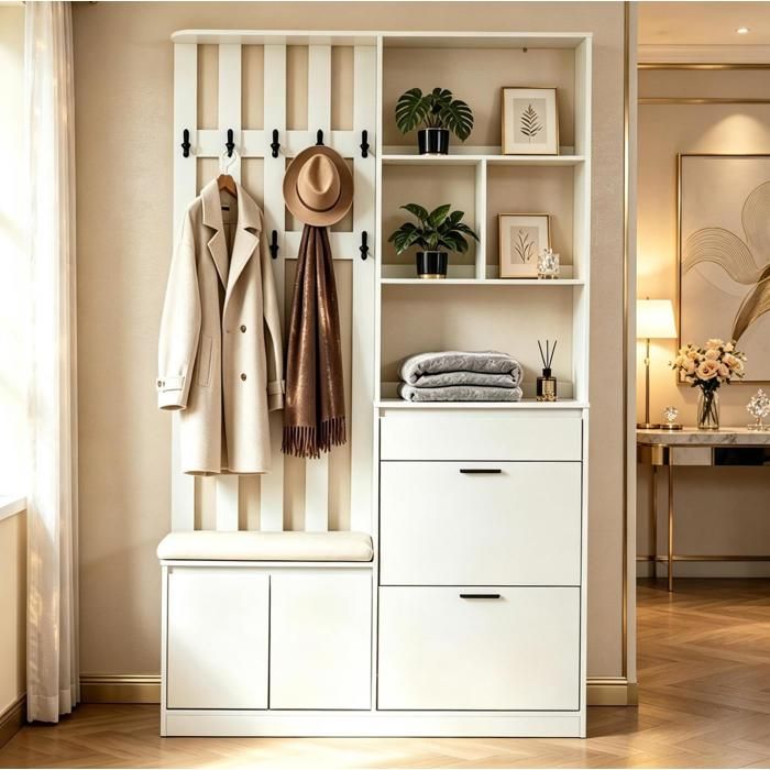 Vestiaire dentrée meuble rangement MDF blanc 120x30x200 cm avec banc rembourré 2 abattants 1 tiroir 10 crochets JOINERY