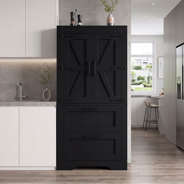 MEUBLIV Buffet de cuisine style campagne noir 2 tiroirs étagères réglables armoire haute 60 x 30 x 128 cm