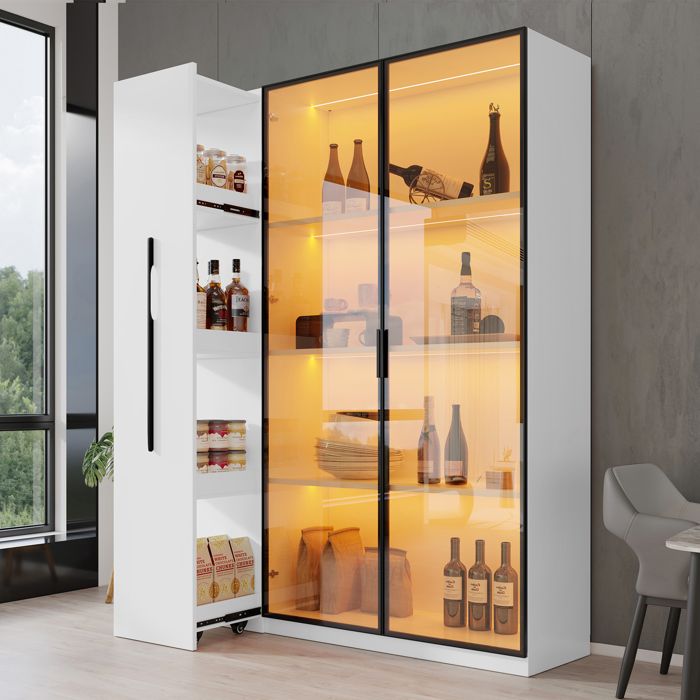 Vitrine avec porte vitrée et LED 110 5×35×160 cm Bibliothèque Tiroir Latéral à Roulettes armoire à manger blanc