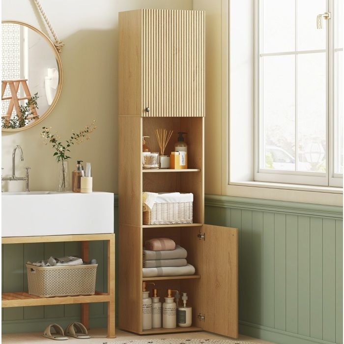 Colonne de salle de bain scandinave EVRYAE 40 x 31 x 182 cm 2 portes 2 étagères ouvertes aspect chêne
