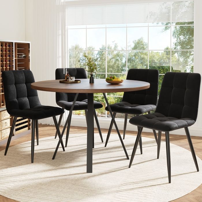 Table à manger ronde avec 4 chaises-80×80×75cm - pour 4 personnes-sièges en velours avec table à manger en noyer-chaises noires