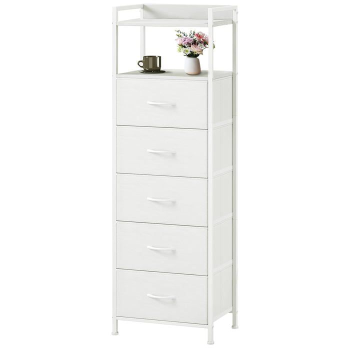 Chiffonnier haut 5 tiroirs en tissu - Blanc