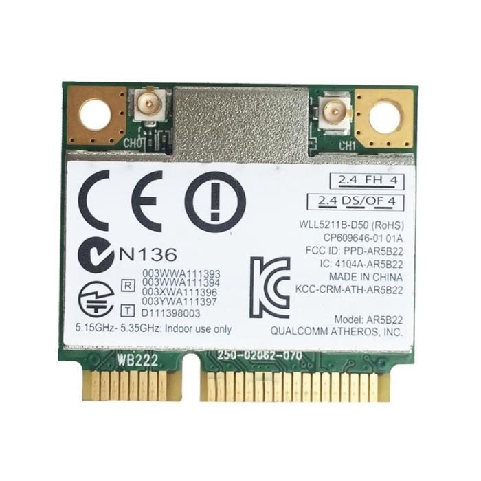 Carte WiFi Bluetooth Mini PCI-E Atheros AR9462 – 802.11N 300Mbps Dual Band 2.4/5GHz + BT 4.0, Compatible Ordinateurs Portables & Desktop