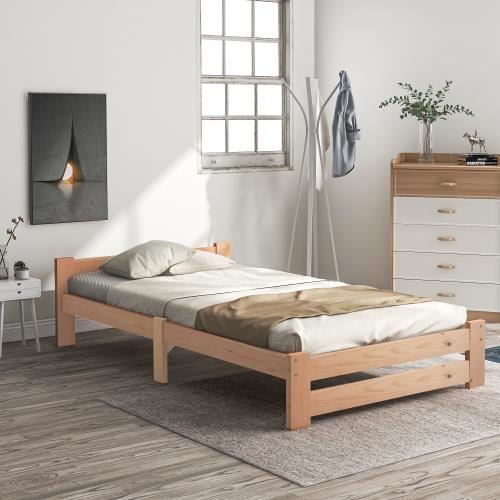 lit en bois massif avec tête de lit et sommier à lattes, naturel (200x90cm)