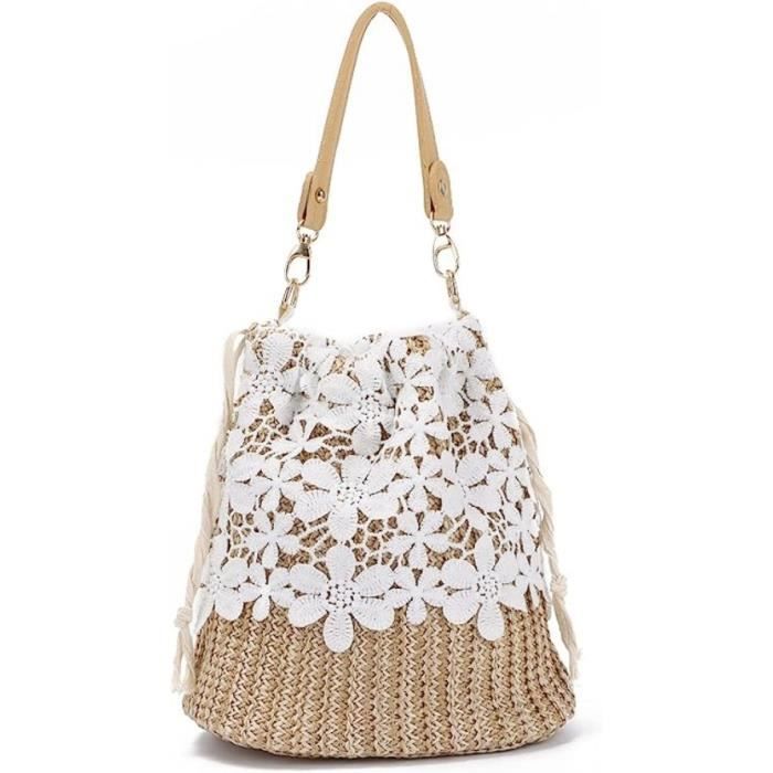 Sac à seau - Femme - Paille - Dentelle à fleurs - 22x14x20 cm - Sac de plage et bandoulière
