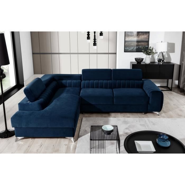 Canapé dangle convertible - LARRY VELOURS - en tissu Luxe bleu 5 places angle gauche (vu de face)