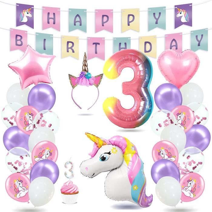 Kit Décoration Anniversaire Licorne Fille 3 Ans - Vaisselle, Ballons Et Accessoires Pour 10 Invités - Thème Magique