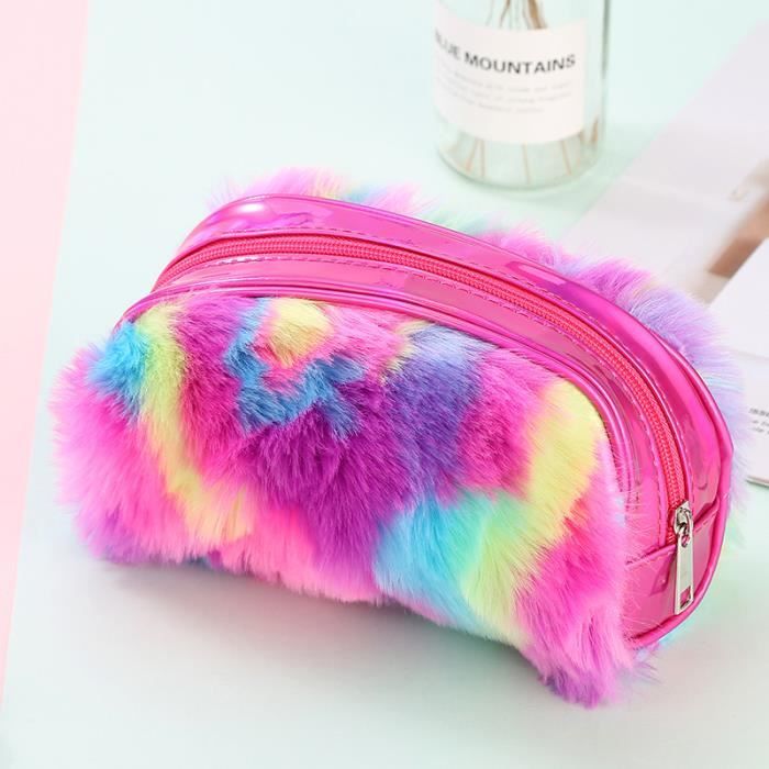 Lot De 2 Trousses à Crayons En Peluche Arc-en-ciel - Rose Et Violet, 19x7cm, Pour école Primaire