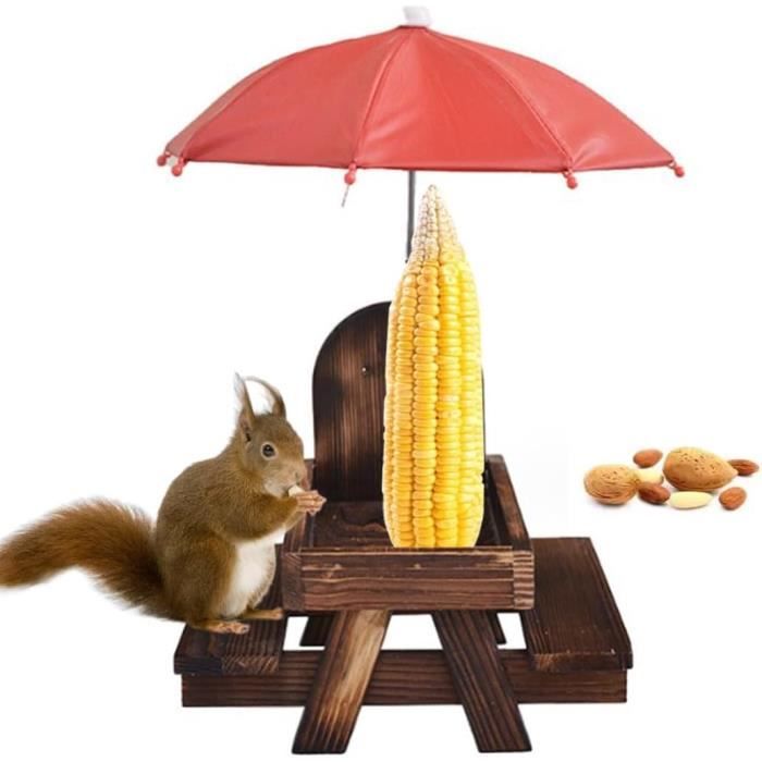 Mangeoire Écureuils Avec Parapluie – Table Pique-Nique En Bois Pour Épis De Maïs – Décoration Jardin Animaux Mignons