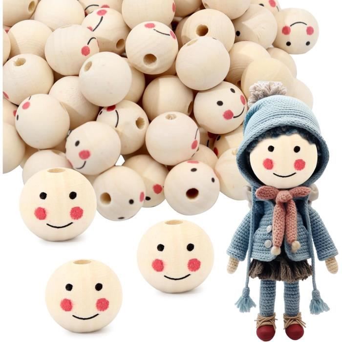 100 Perles En Bois Avec Visage 20mm - 4 Expressions Souriantes - Pour DIY, Bijoux, Bracelets