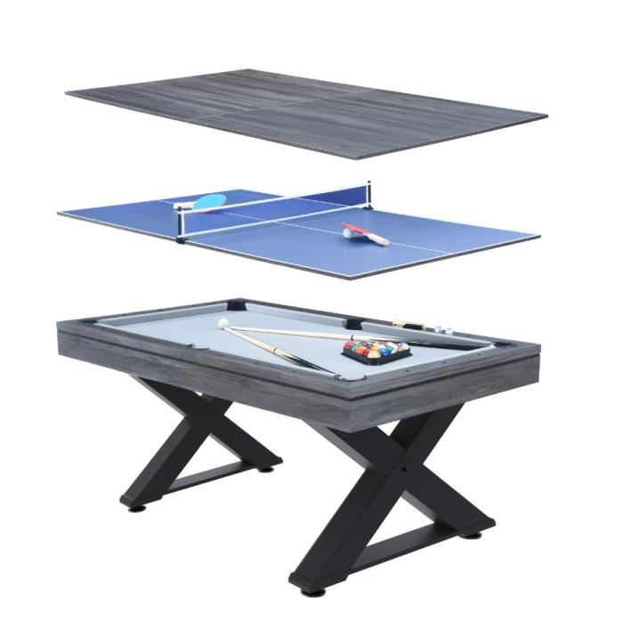 TEXAS - Table multi-jeux en bois gris ping-pong et billard