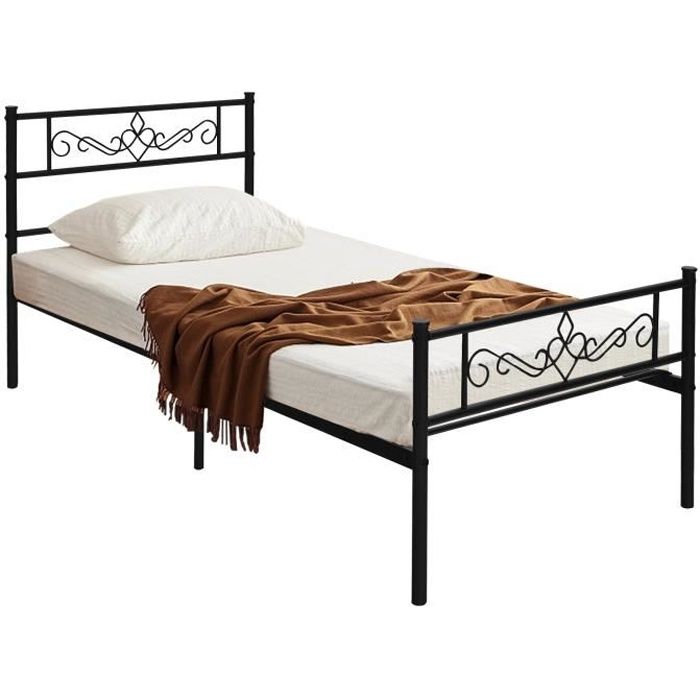 lit simple en métal - costway - 90 x 190 cm - 6 pieds en métal - rangement pratique - tête de lit