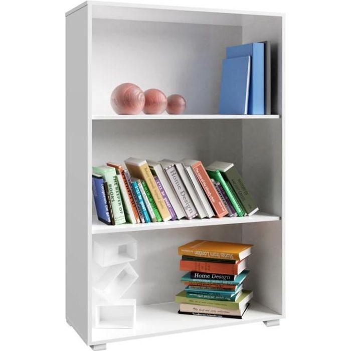 étagère bibliothèque blanc meuble de rangement "vela" 3 compartiments stockage