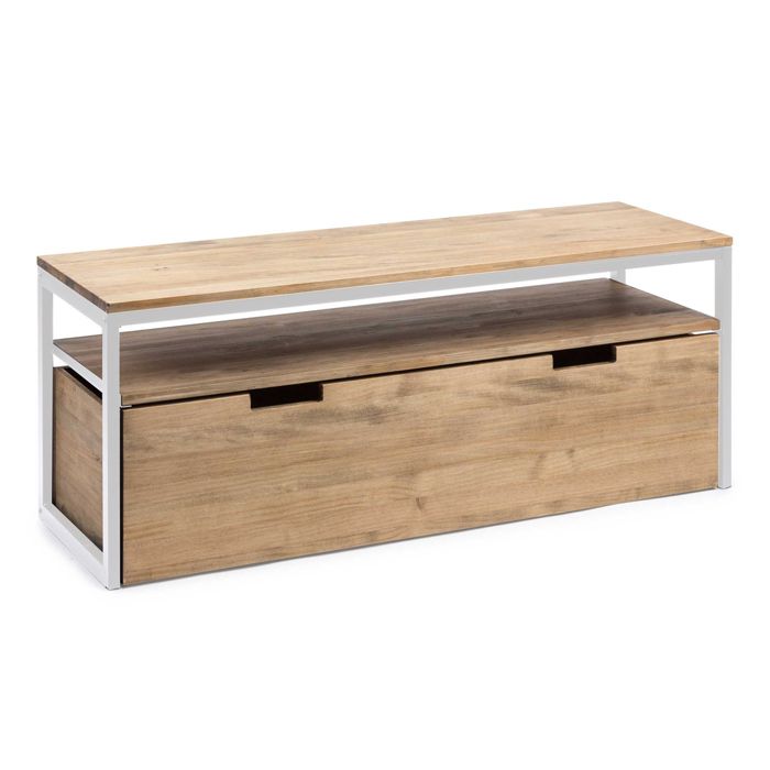 meuble tv eco three avec etagere et tiroir coulissant double bois massif et acier laque blanc cdiscount maison