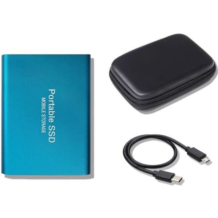 Disque Dur Externe Portable SSD 2 To avec étui de Protection super mini HDD USB 3.1 2TB 75x58x10mm Bleu