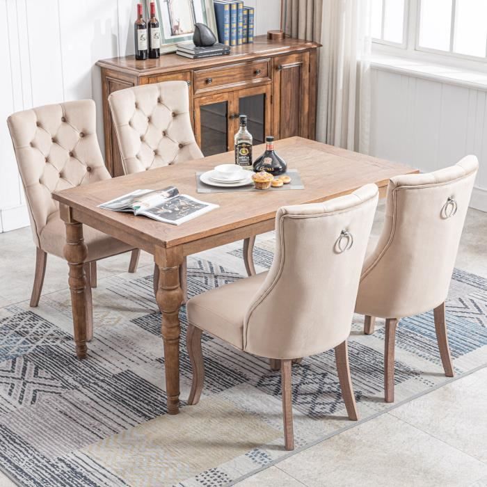 lot de 4 chaise capitonnée en velours beige - style classique & design - pieds en bois massif - salle à manger, salon ou coiffeuse