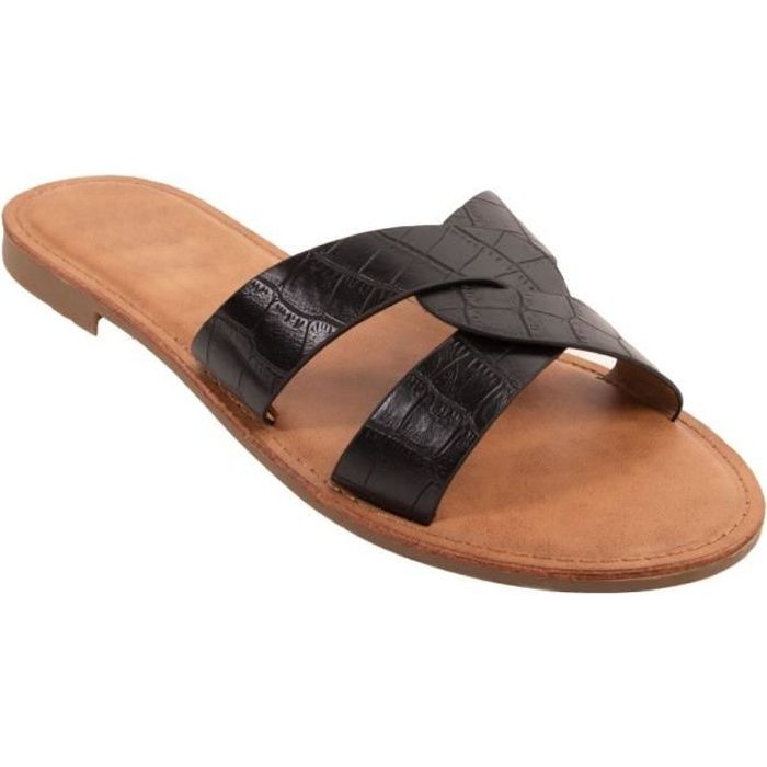 Claquettes femme en simili cuir bride crois es mules effet croco