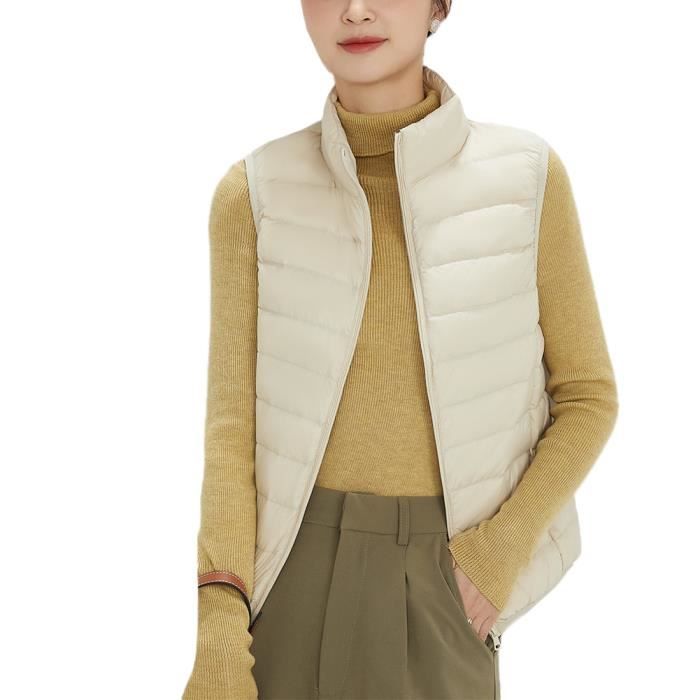 Femme Gilet sans Manche Legere Duvet a Col Montant Hiver Chaude Zippe Couleur Unie Elegant Gilet Matelasse avec Poches Blanc Cdiscount Pret a Porter