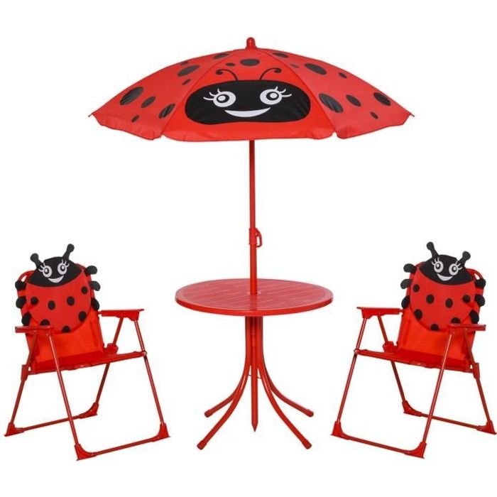 ensemble salon de jardin enfant 4 pcs design coccinelle - table ronde + 2 chaises pliables + parasol - métal époxy oxford rouge