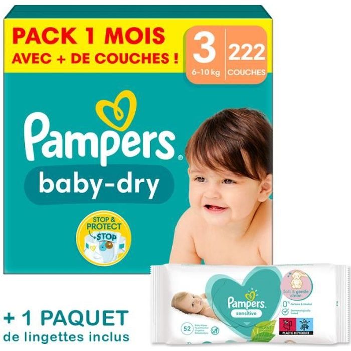 Couches Pampers BabyDry Taille 3 Pack 1 mois 222 Couches Cdiscount Puériculture & Eveil bébé