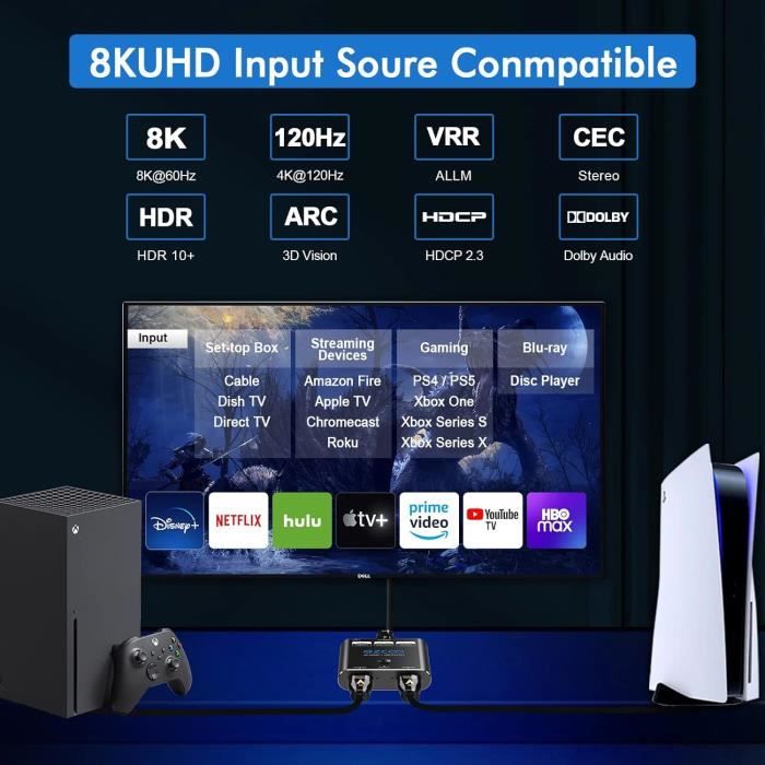 Commutateur HDMI 2.1 Switch 2 Entrées 1 Sortie, 8K 60Hz 4K 120Hz 48Gbps HDMI Switch UHD HDR 3D Compatible avec PS5/Switch/Xbox/Steam Deck/PC/Streaming/HDTV/Moniteur/Projecteur Commutateur HDMI 2.1 Switch 2 Entrées 1 Sortie, 8K 60Hz 4K 120Hz 48Gbps HDMI Switch UHD HDR 3D Compatible avec PS5/Switch/Xbox/Steam Deck/PC/Streaming/HDTV/Moniteur/Projecteur