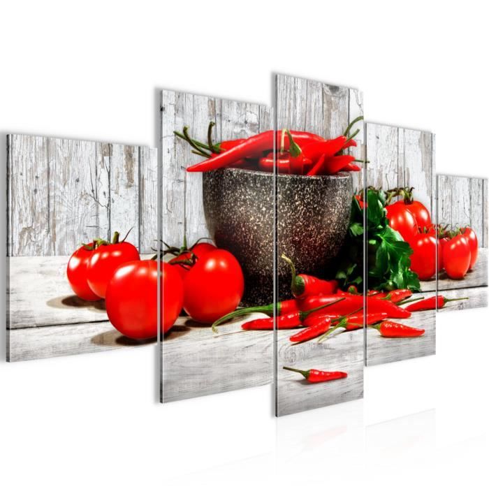 Tableau Décoration Murale 200x100 cm Runa art 005851b Cuisine Légumes - 5 Panneaux Deco Toile Prêt à Accrocher - Rouge