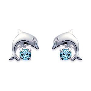 Boucles D'oreilles Dauphin En Argent 925 Avec Zircons Bleus - Sertissage Pavé, Plaqué Rhodium