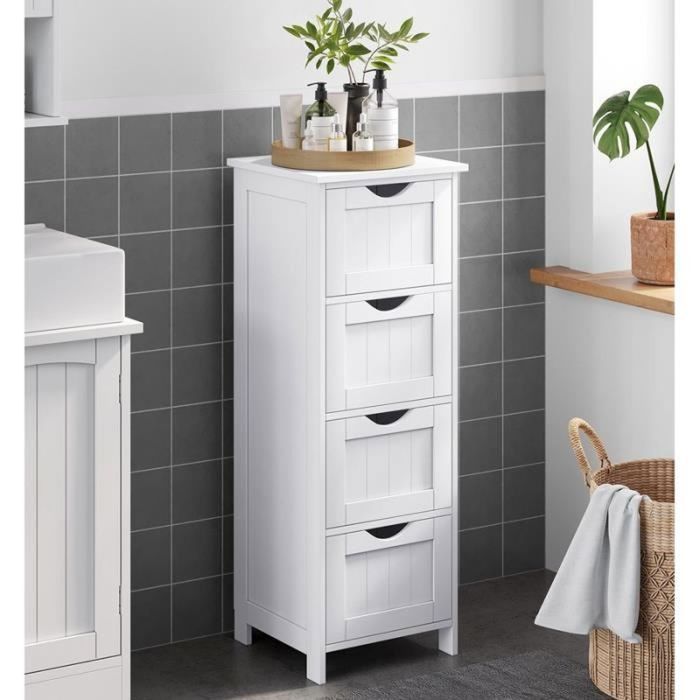 vasagle meuble de salle de bain, 4 tiroirs, 30 x 30 x 82 cm, meuble bas commode sdb, blanc