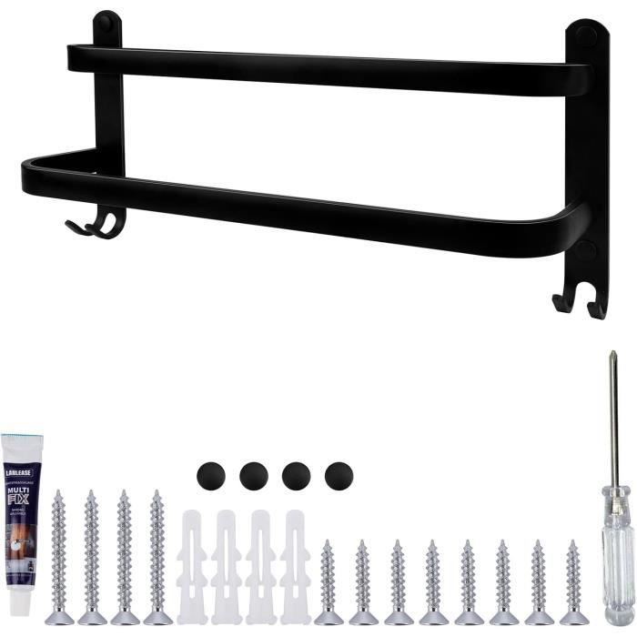 Porte Serviettes Salle De Bain 60 Cm Sans Percage - Acier Inoxydable 304, 2 Étages, Avec Crochets, Noir - 5