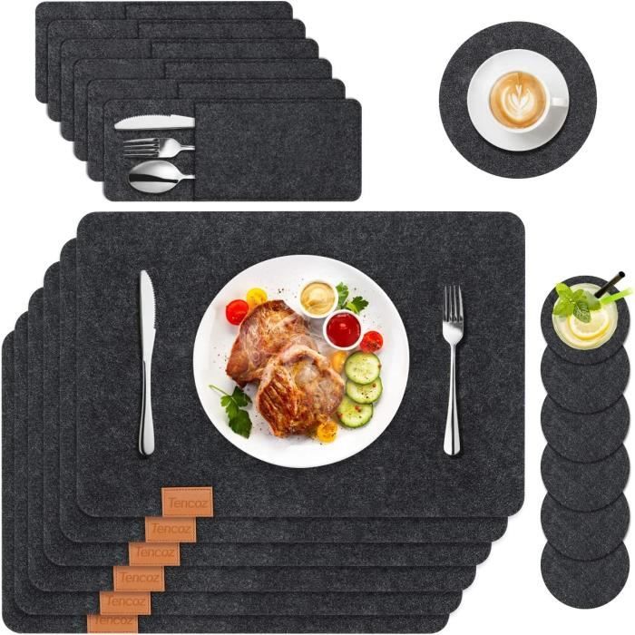 Set De Table En Feutre Lavable - 18 Pièces Polygone Gris - Dessous De Verre Et Sacs à Couverts
